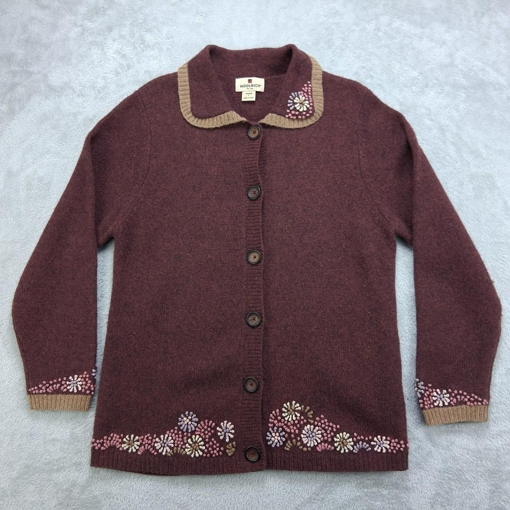 Woolrich Womens Wool Cardigan Sweater Burgundy Floral Embroidered L Cottagecore